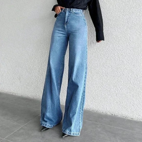 Blue Women's High Waist Wide Leg Jeans - Picture 5 of 5